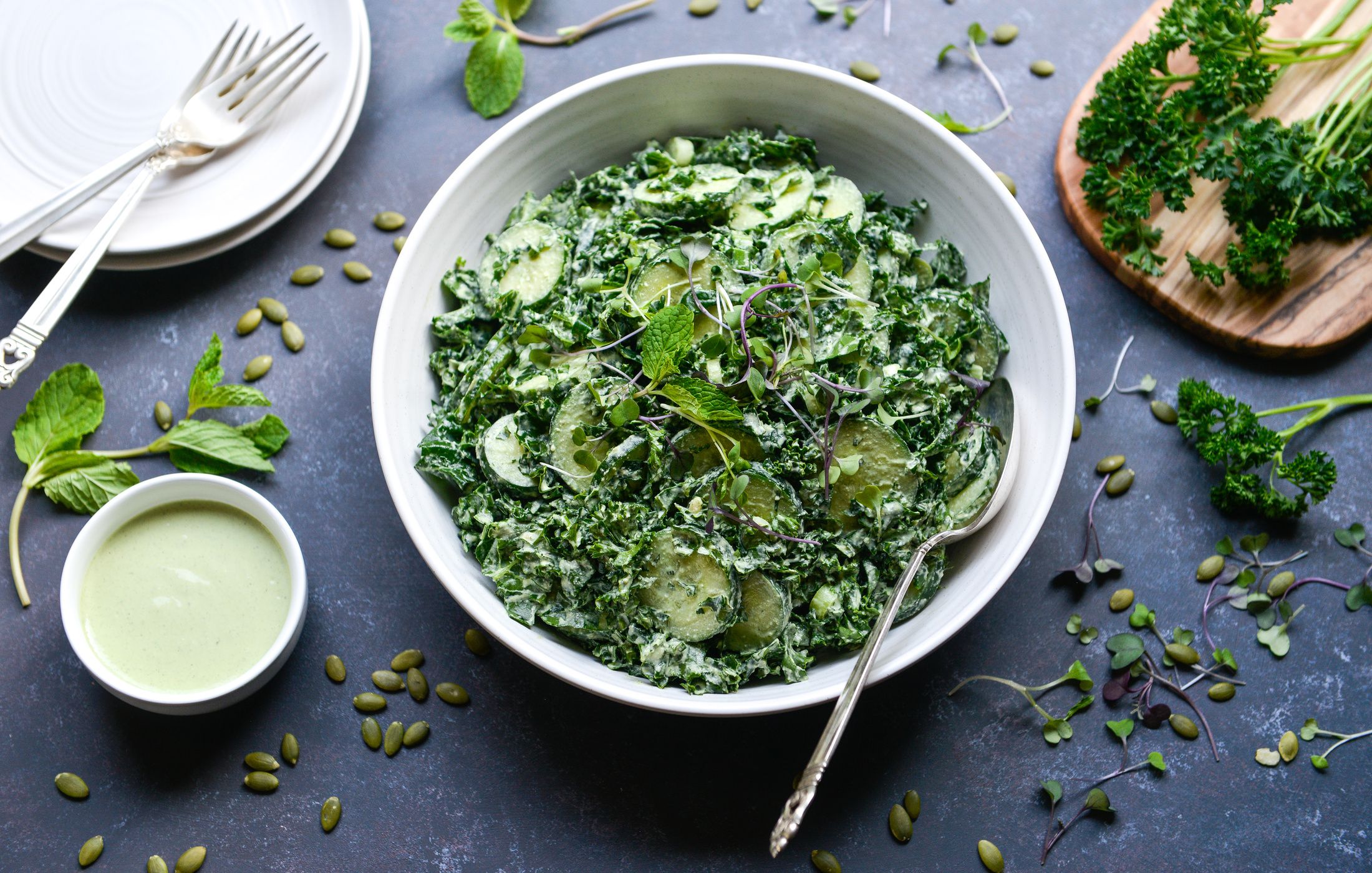Cucumber and Kale Salad with Creamy Pumpkin Seed Dressing Nourishing Meals®